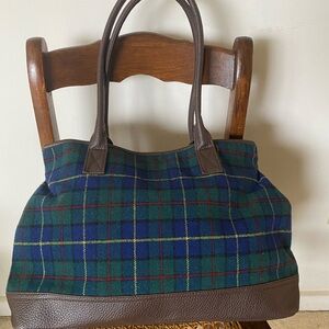 Plaid Tartan Tote Bag with Brown Faux Leather Accents -snap closure